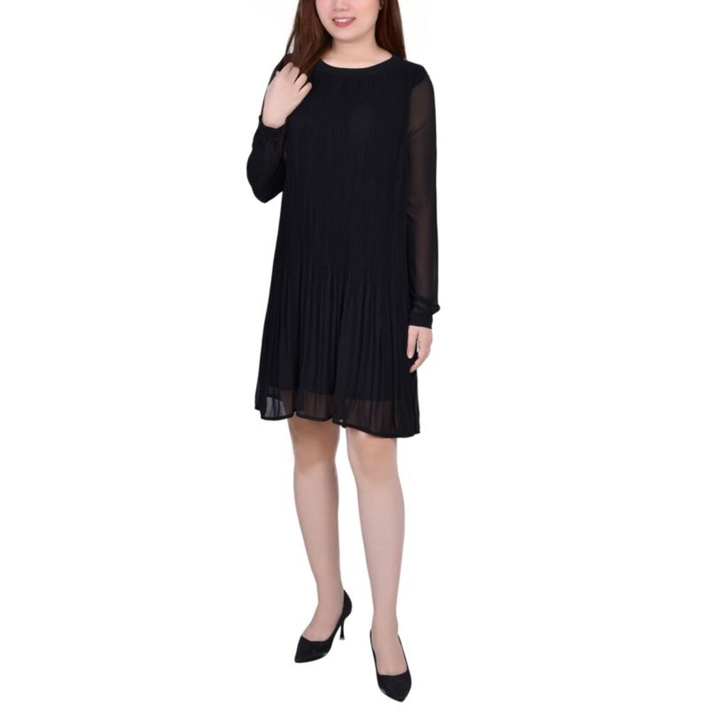 NY Collection Petite Long Sleeve Pleated Dress